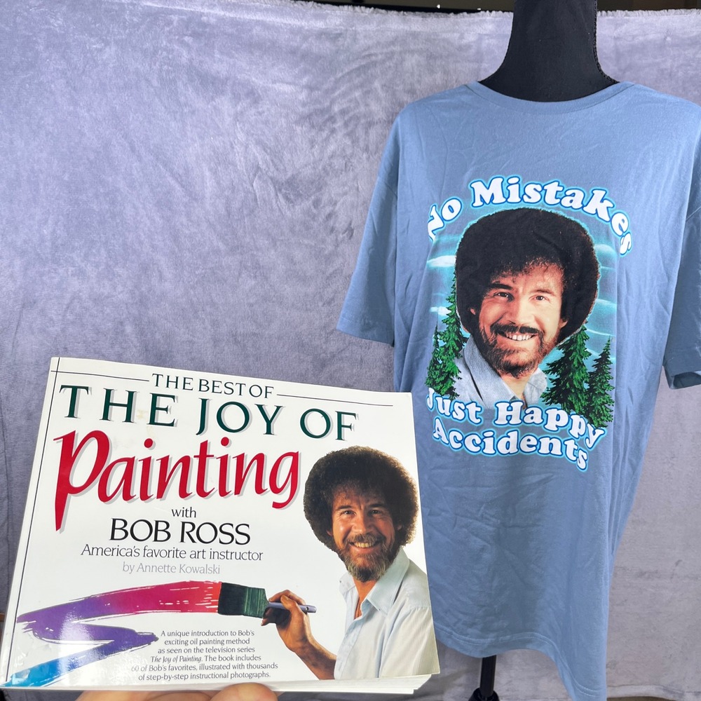 Bob Ross Bundle No Mistakes Just‎ Happy Accidents With Book T-Shirt XL